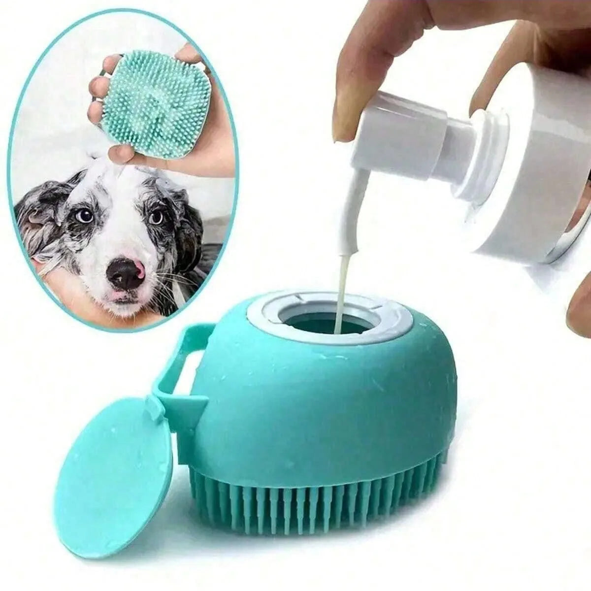 Silicone Pet Bath Brush with Shampoo Dispenser, Massage & Deep Cleaning