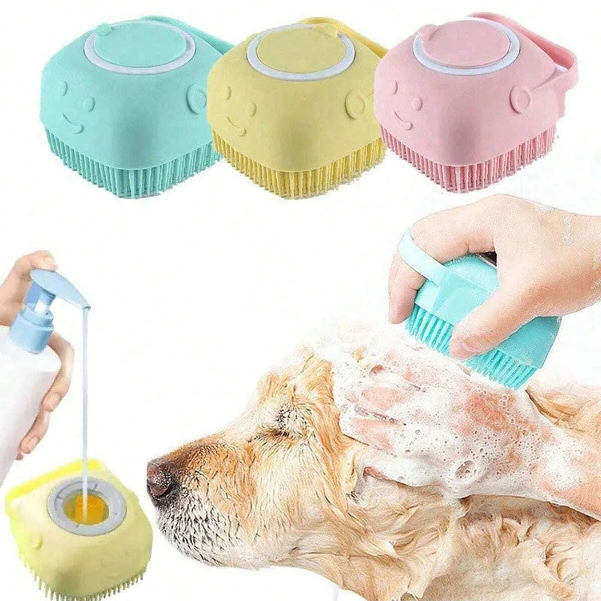Silicone Pet Bath Brush with Shampoo Dispenser, Massage & Deep Cleaning