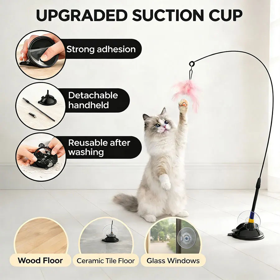 Interactive Cat Teaser Stick Bell Extended Rod Strong Suction Cup Durable Bite-Resistant Hands-Free Kitten Indoor Play Toy