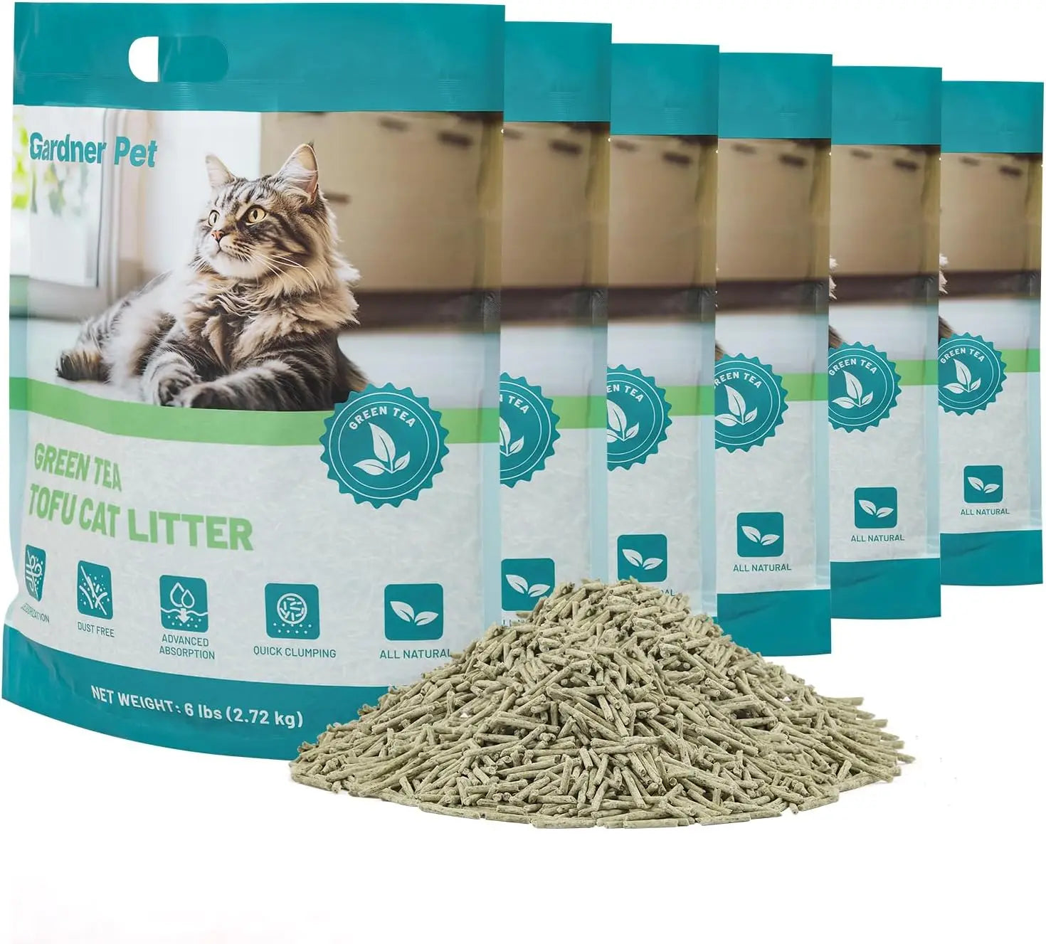 Natural Tofu Cat Litter with Green Tea Extract – Dust-Free for Multi-Cat Homes, 6lbs x 6 Pack