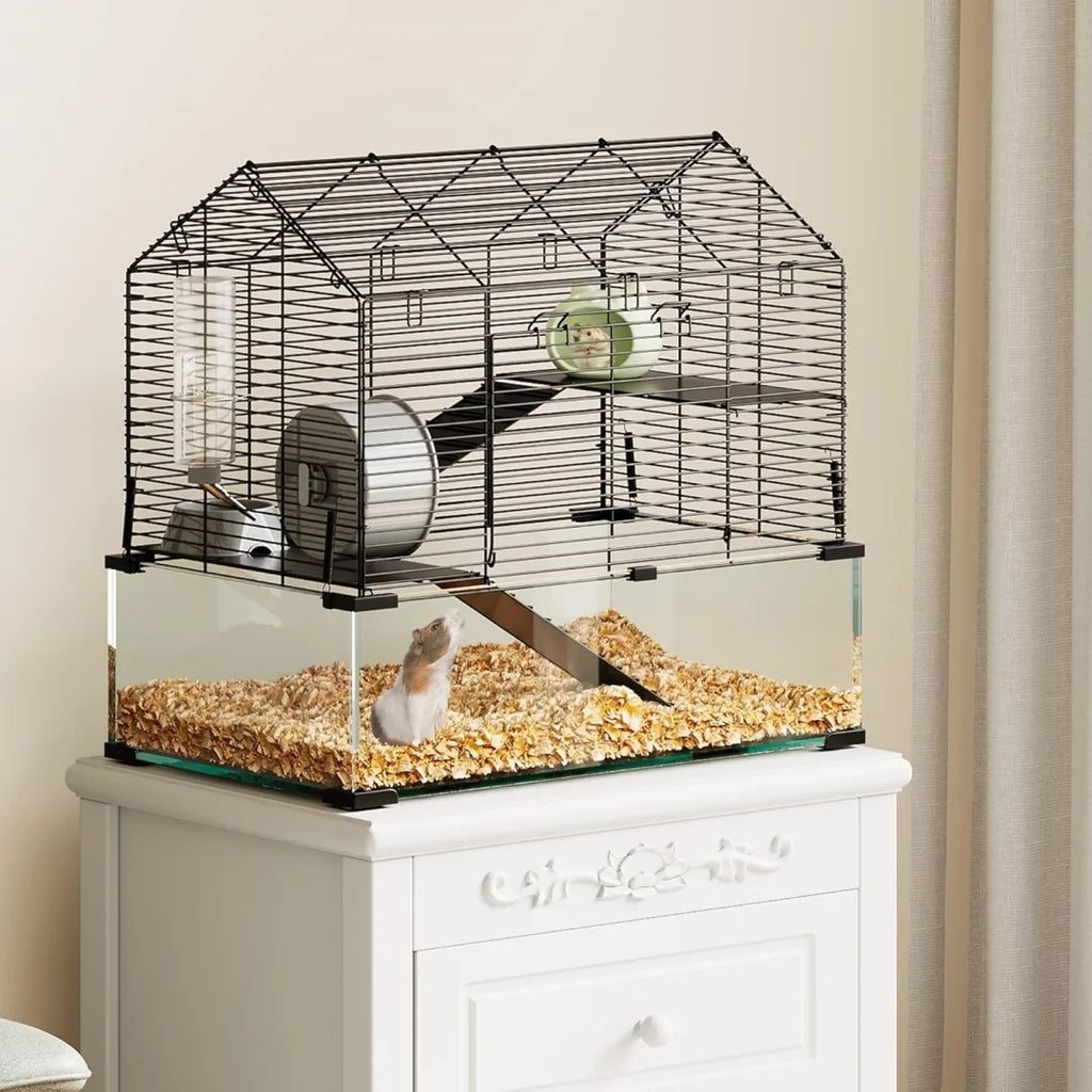 3 Tiers Large Hamster Enclosure, Metal Enclosure + Glass Gerbil Cages, Small Animal Cages for Guinea Pigs Chinchilla