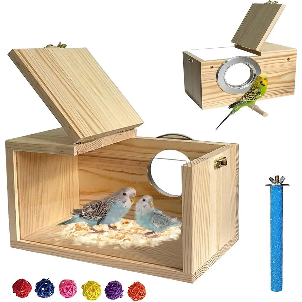 Transparent Parakeet Nesting Box, Wooden Parrot Nest Breeding Box with Perch Natural Bird House