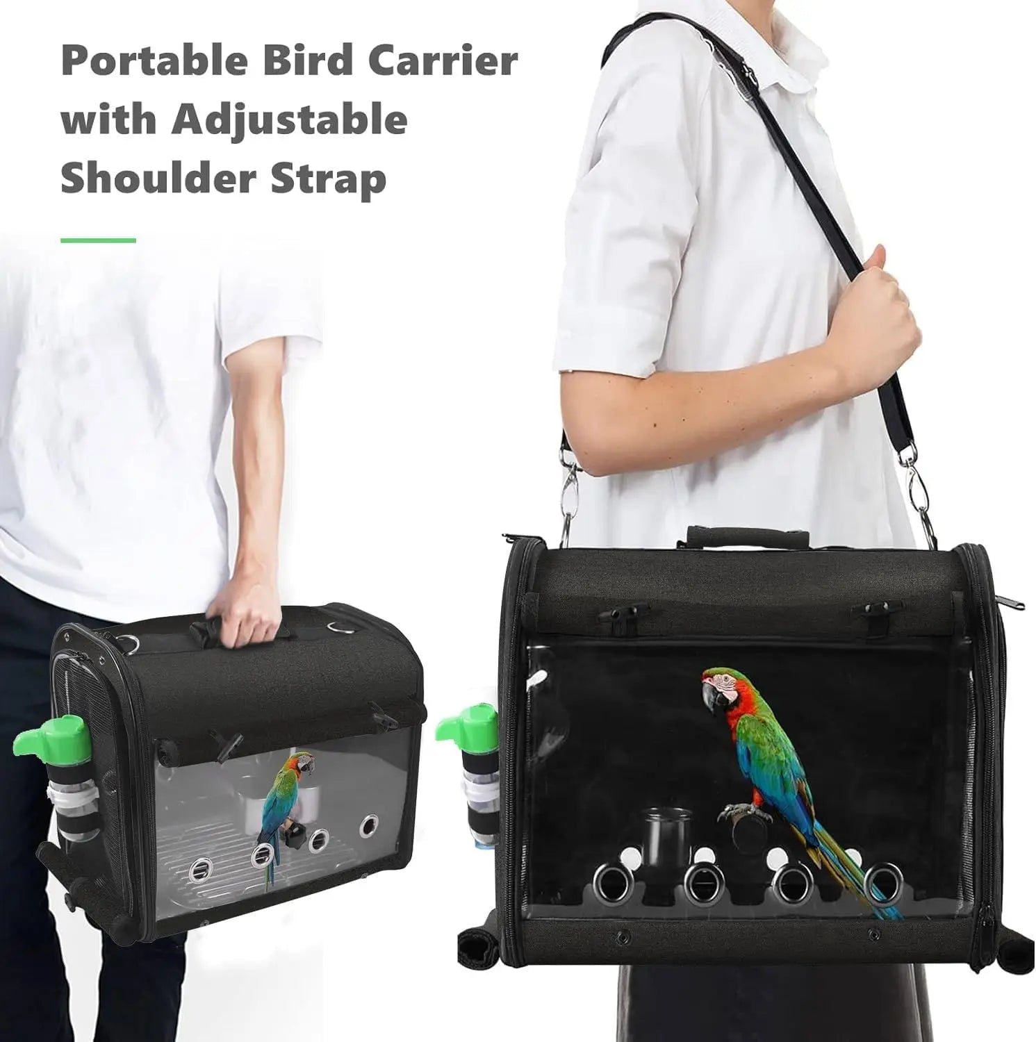 Lightweight Bird Travel Cage Backpack with Stand, Portable Transparent Breathable Carrier for Parrots and Pets, Black