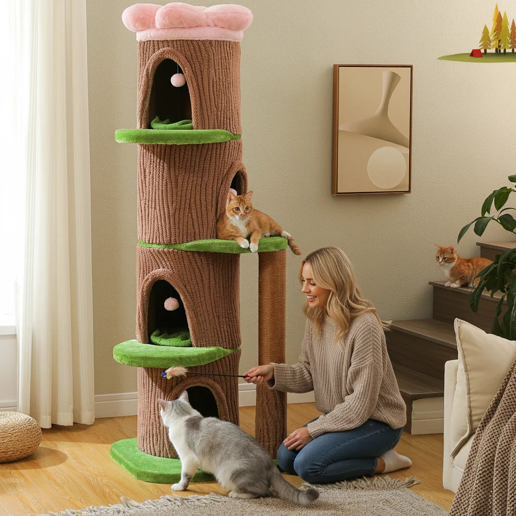 Tall Cat Tower Forest Cat Tree with Flower Top Perch,Thick Scratching Post,4 Cozy Condos Suitable for Large Heavy Cats