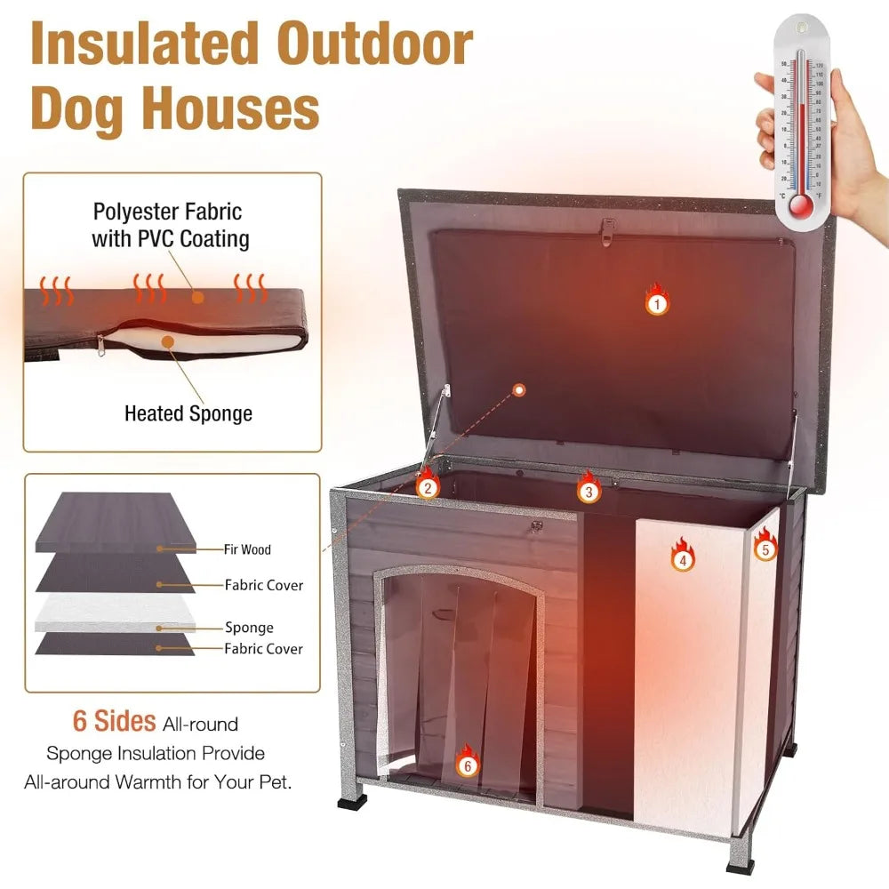 Winter, Outdoor Dog Kennel with Insulated Liner, Heater Puppy Shelter with Anti-Bite Iron Frame