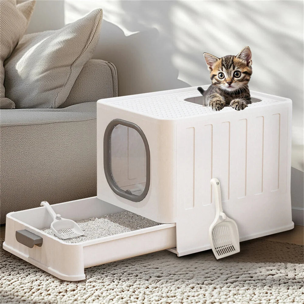 Cat Litter Box Tray Hood Covered Large Entrance Front and Top Access with Lid toilet Scoop