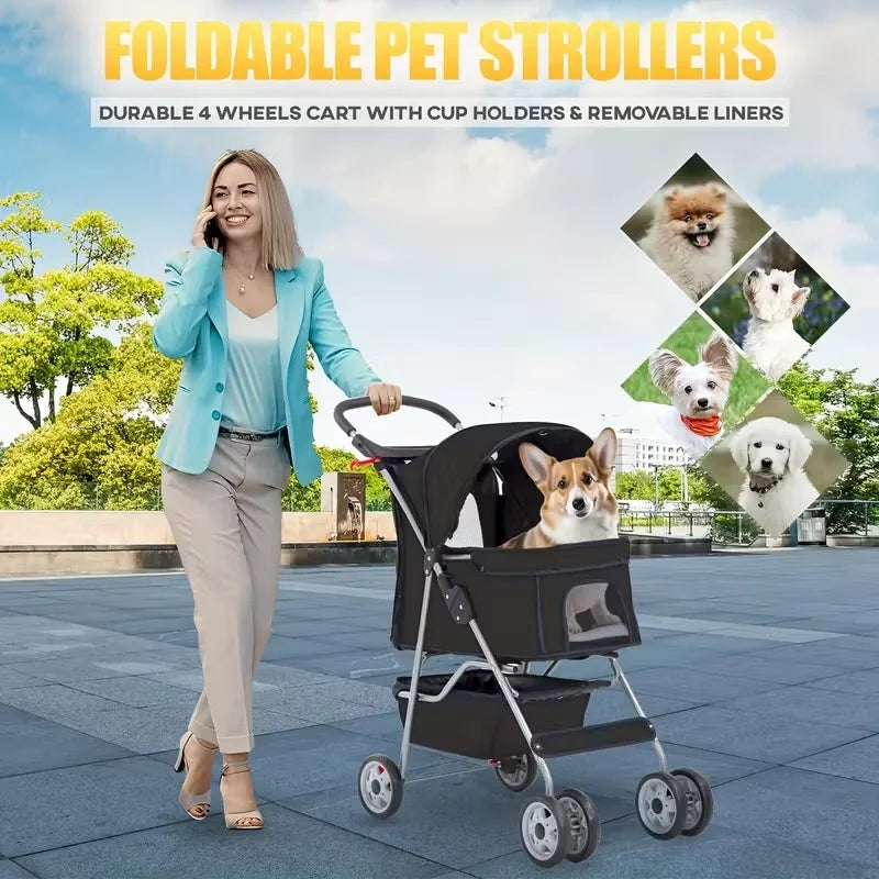 4 Wheel Stroller, Folding Carrier Waterproof Puppy Removable Liner for Small Medium Dogs Cats