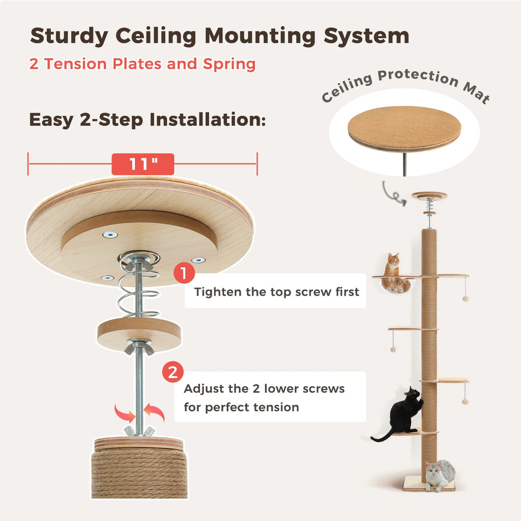 Floor to Ceiling Cat Tree for Indoor Cats Adjustable Height Wooden Cat Tower with Thick Scratching Posts Acrylic