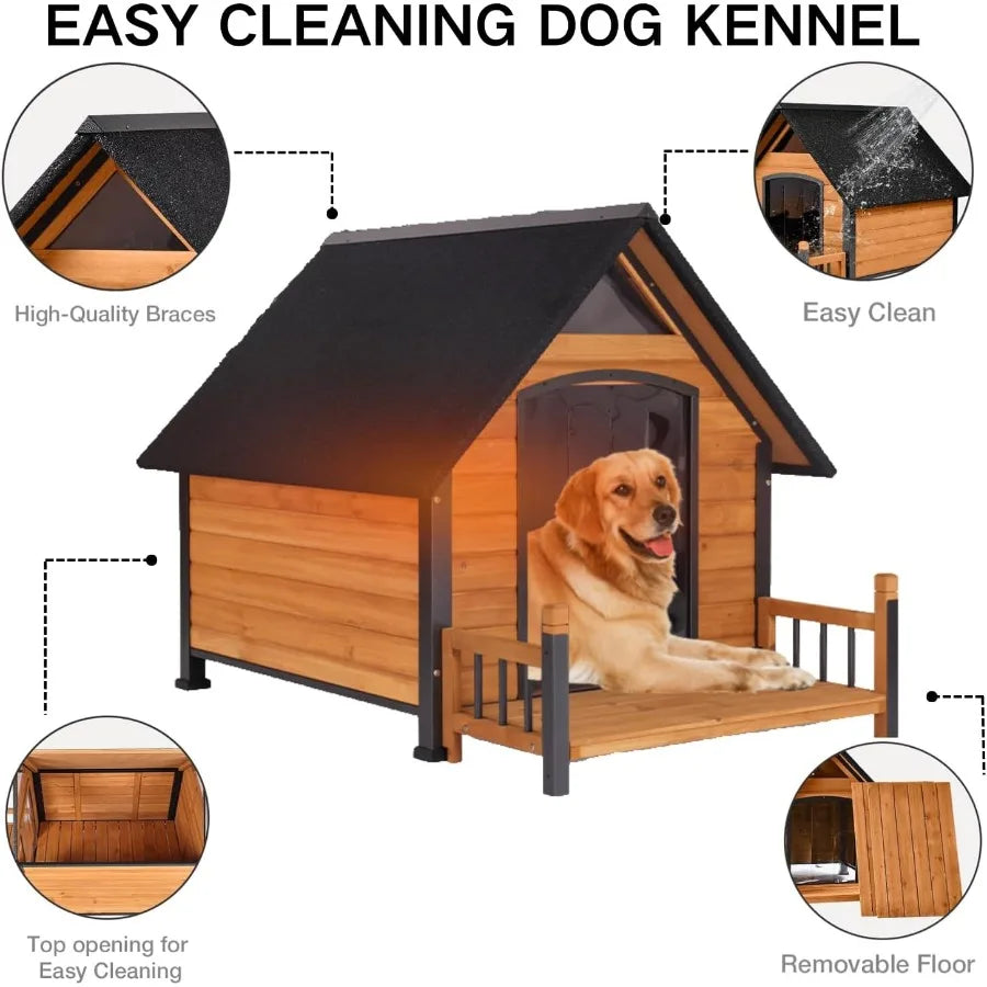 Heated Dog House Outdoor with Heating Pad Weatherproof Large Dog Kennel with Anti-Chewing Iron Frame