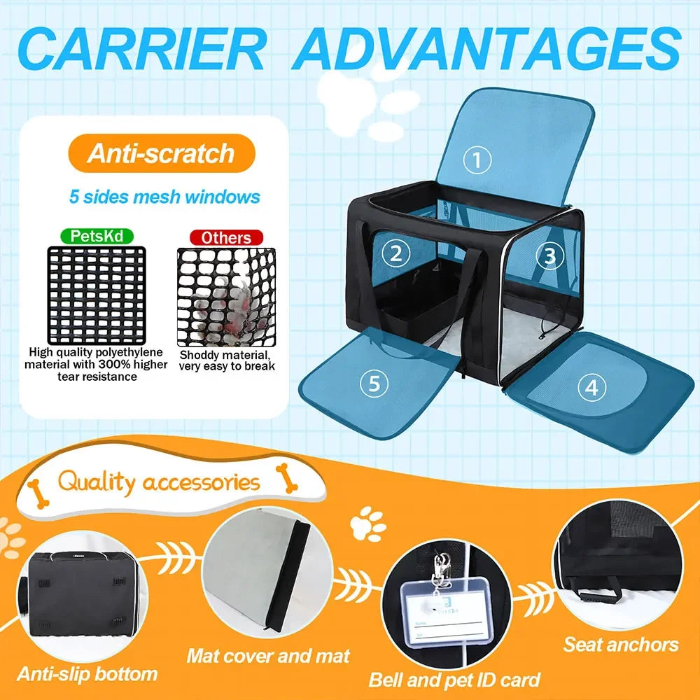Large Cat Carrier with Litter Box and Cat Dog Bowl  for 2 Cats or Medium Dog for Travel