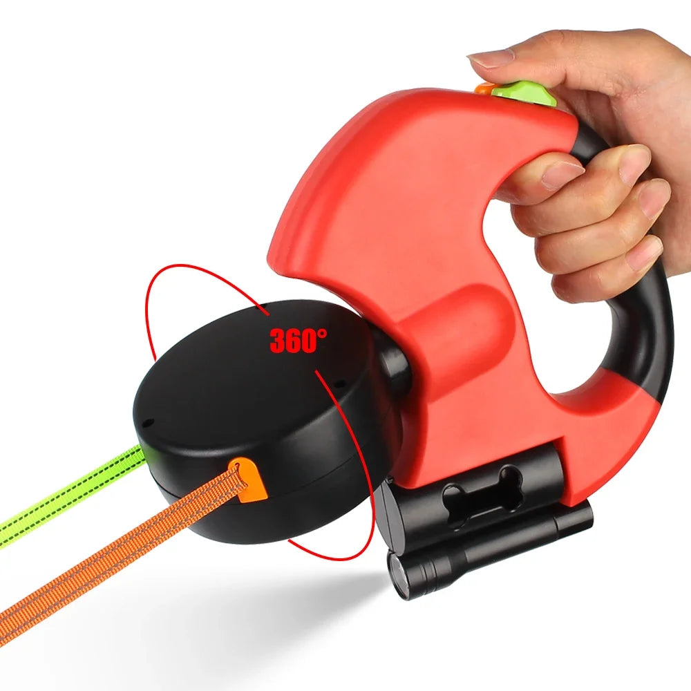 3m Dual Dog Leash With Flashlight Waste Bag Box Double-Ended Traction Rope Dogs Strap Auto Retractable