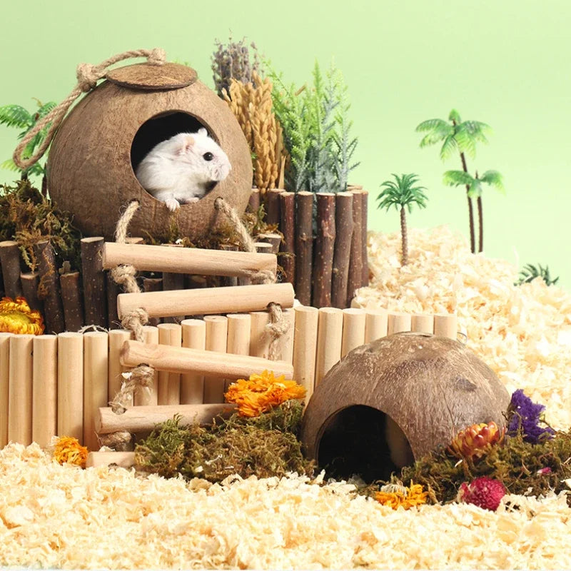 Hamster House Bite-resistant Natural Small Pet Coconut Cages Guinea-pig Hamster Hideout House Toy Wooden House