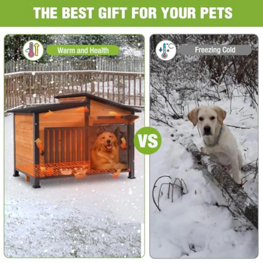 Heated Dog House with Heavy-Duty Iron Frame Insulated Liner for Winter Weatherproof