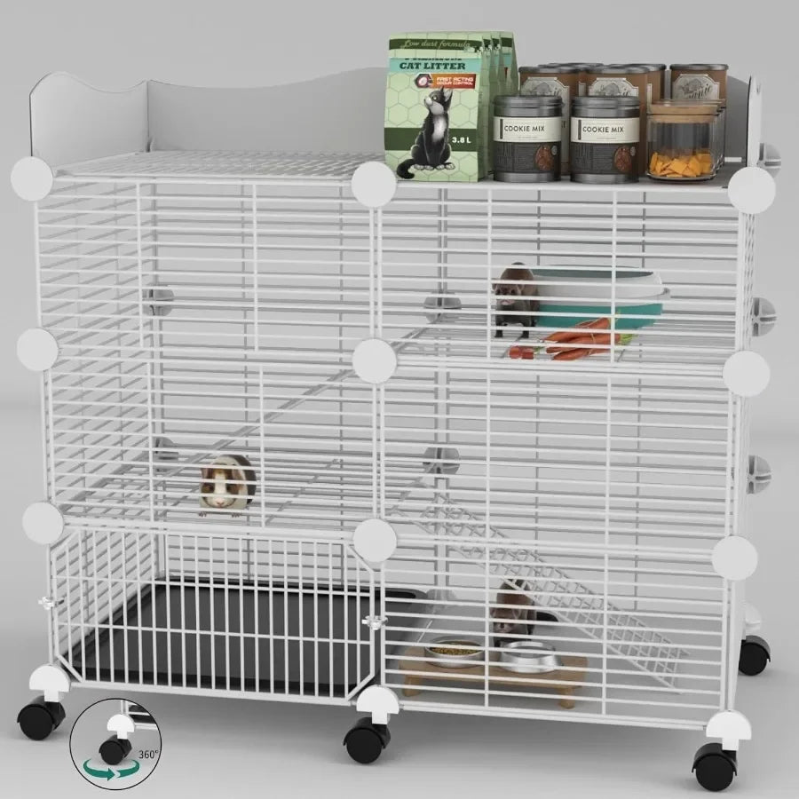 Spacious Indoor Guinea Pig Cages on Wheels with 3 Tier Design and CC Structure Includes Top Cover and Removable Tray