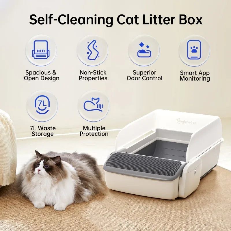 Self Cleaning Automatic Cat Litter Box Robot Open Top Large Capacity App Control Anti Pinch Odor Free