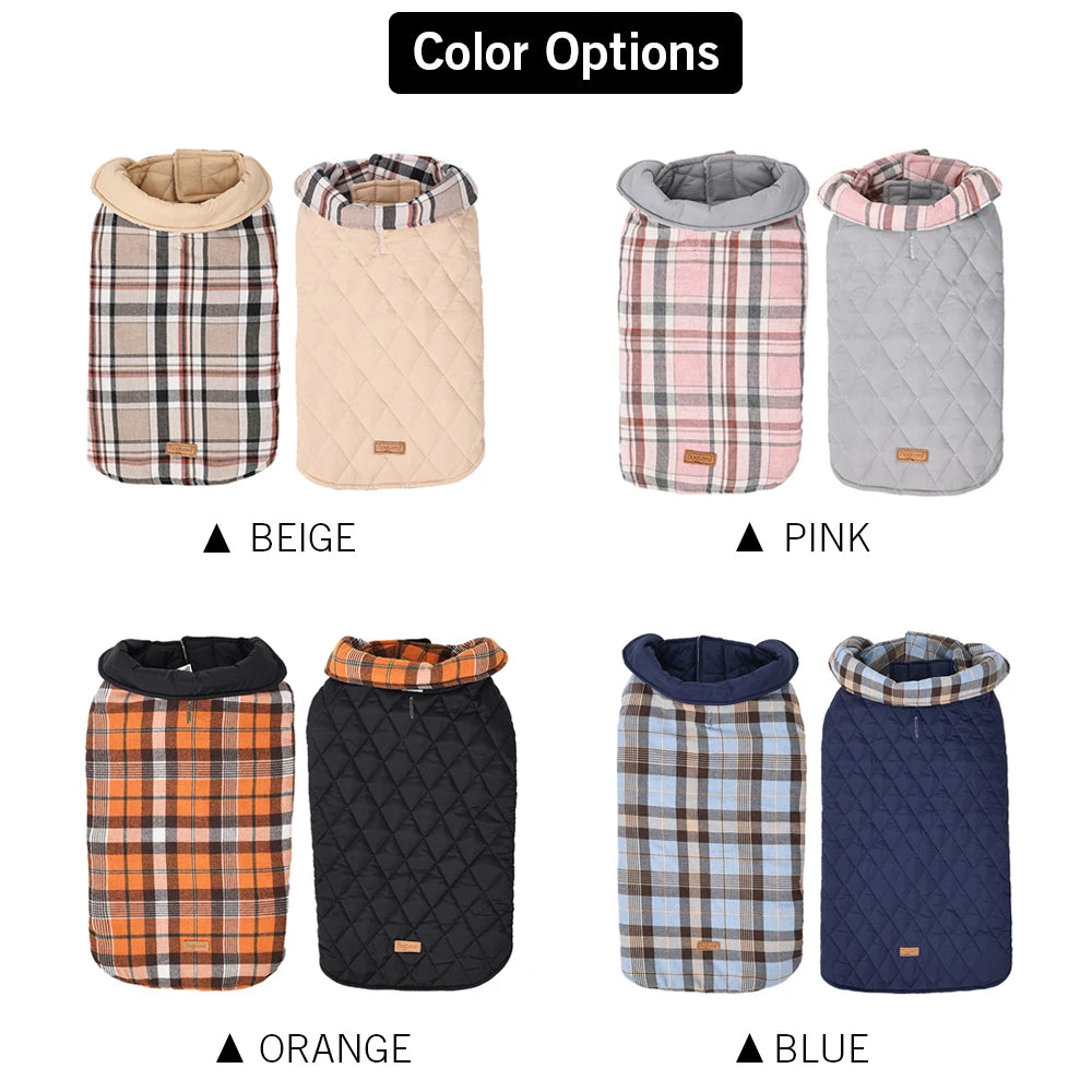 Reversible Dog Jacket Winter Dog Clothes Waterproof Checked Soft Quilted Coat for Small Large Dogs