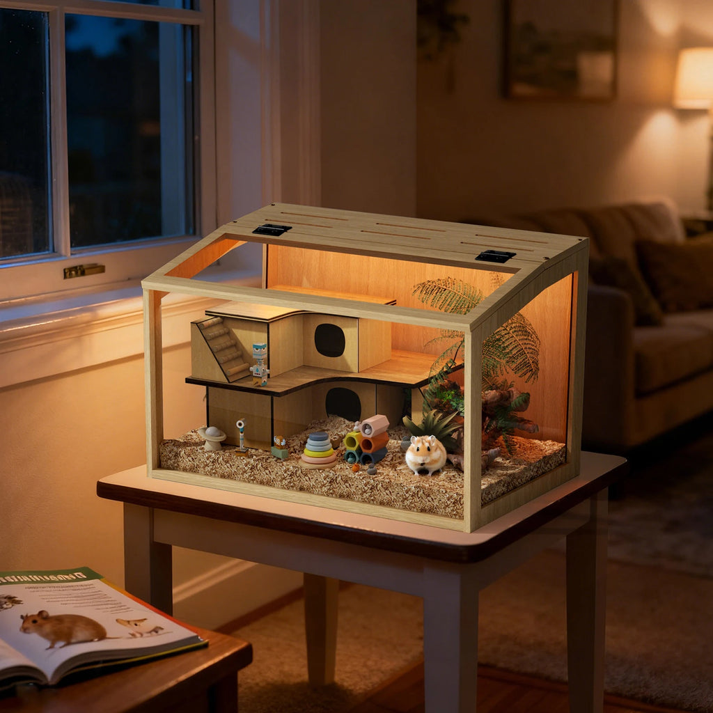 Guinea Pig Cage Clear Small Animal cage with Open top Hamster Habitat Wooden Frame Tempered Glass Panels