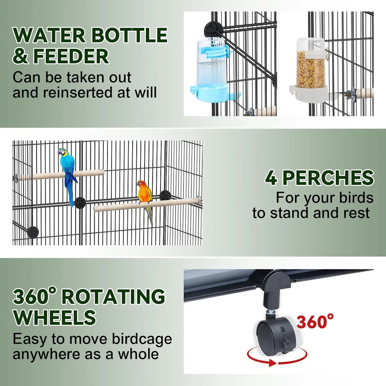 46-Inch Spacious Cage with Wooden Perches, Slide-Out Tray, Water Bottle & Feeder for Parrots and Small Birds