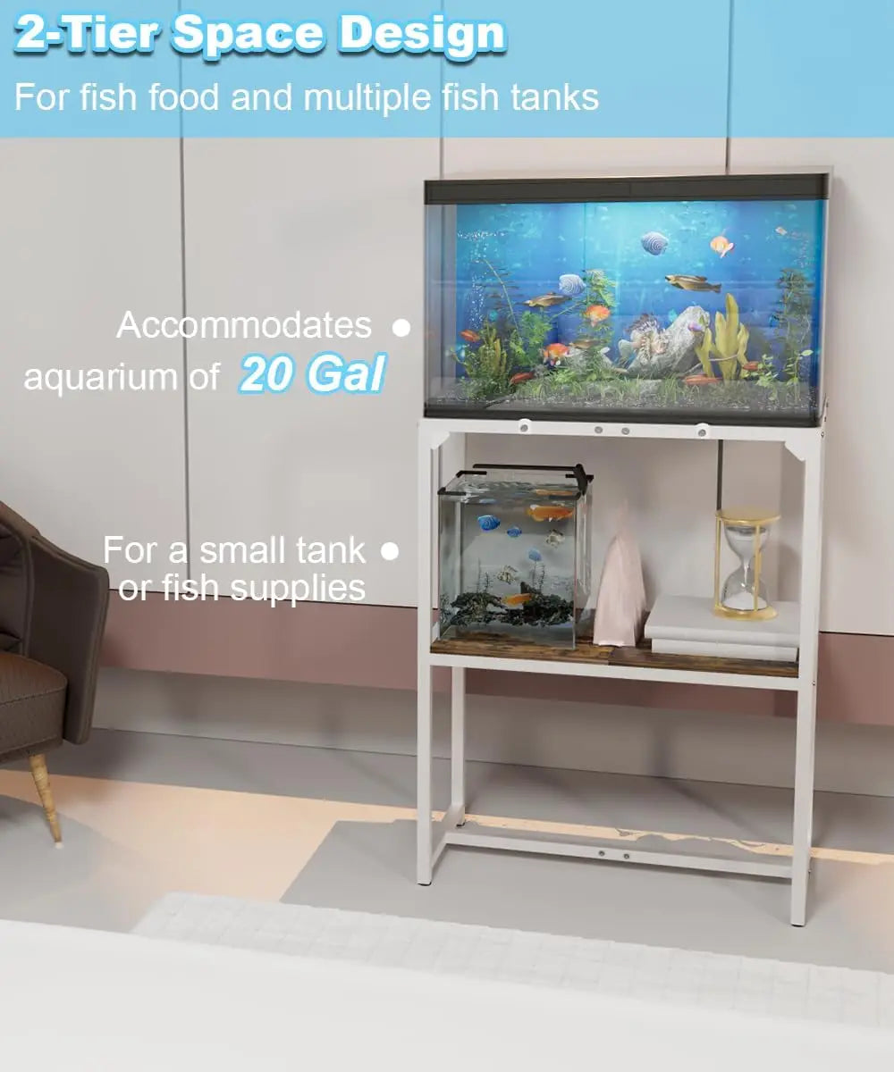 20 Gallon Aquarium Stand with 2-Tier Storage Shelf, Metal Reptile Terrarium Rack, White 24x12x32.2 Inches