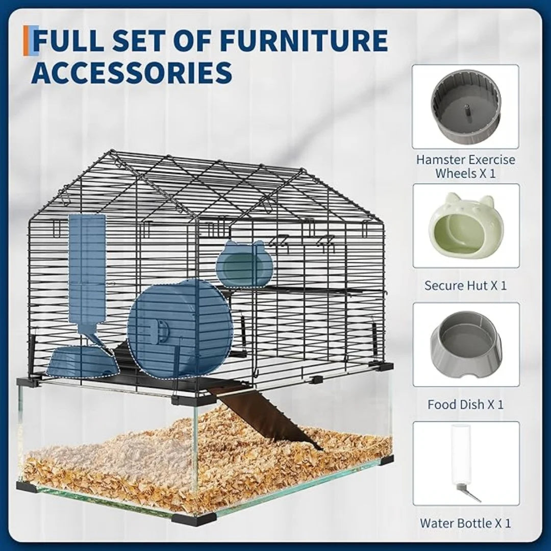 3 Tiers Large Hamster Enclosure, Metal Enclosure + Glass Gerbil Cages, Small Animal Cages for Guinea Pigs Chinchilla