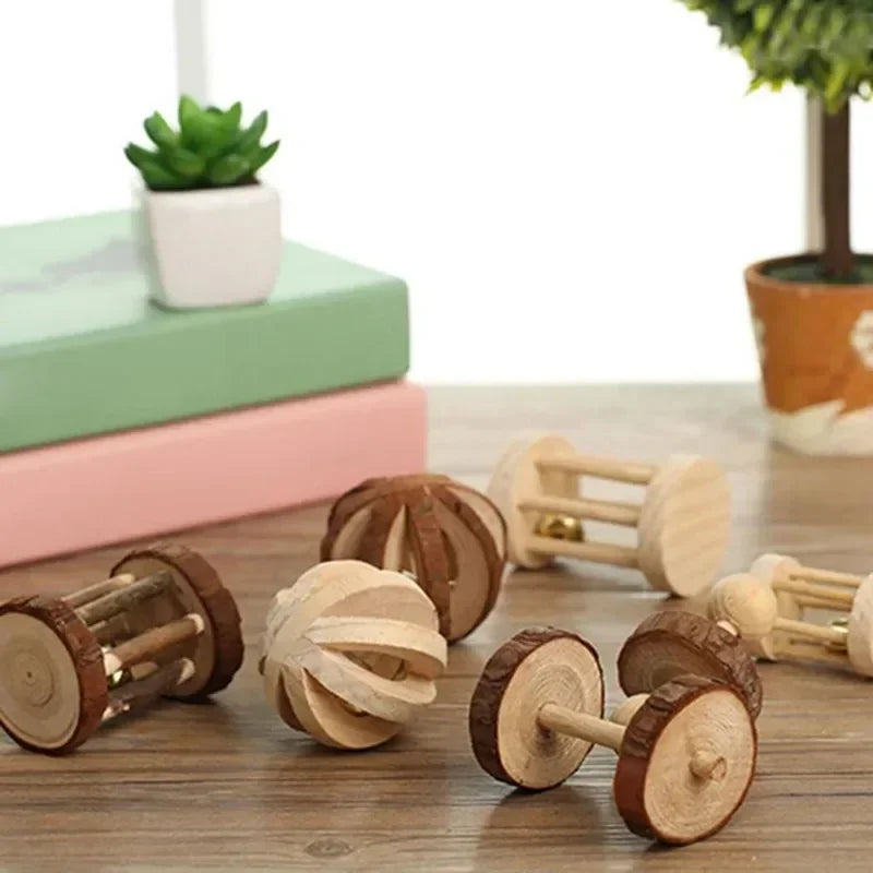 New Cute Rabbit Roller Toys Natural Wooden Pine Dumbells Unicycle Bell Chew Toys