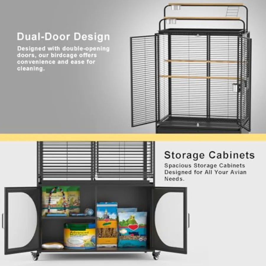72-Inch Large Bird Cage with Play Top and Rolling Storage Cabinet Extra Spacious Covered Aviary Suitable for Parrots Cockatiels