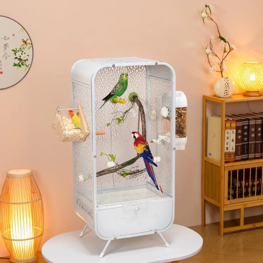 Large 30Inch Parrot Cage with Play Top and Breeding Box Wrought Iron Bird Cage with Rolling Base
