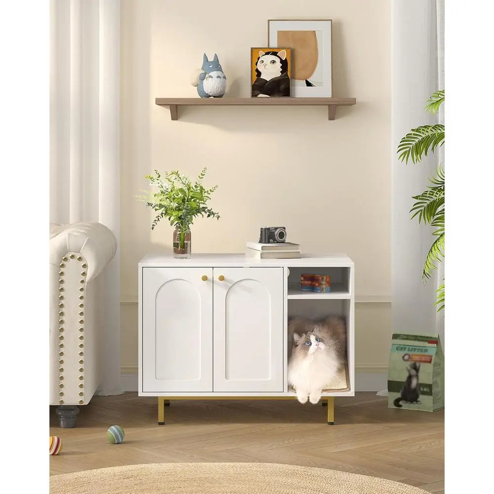 Hidden Cat Litter Box Cabinet with Storage Modern White and Gold Living Room Furniture