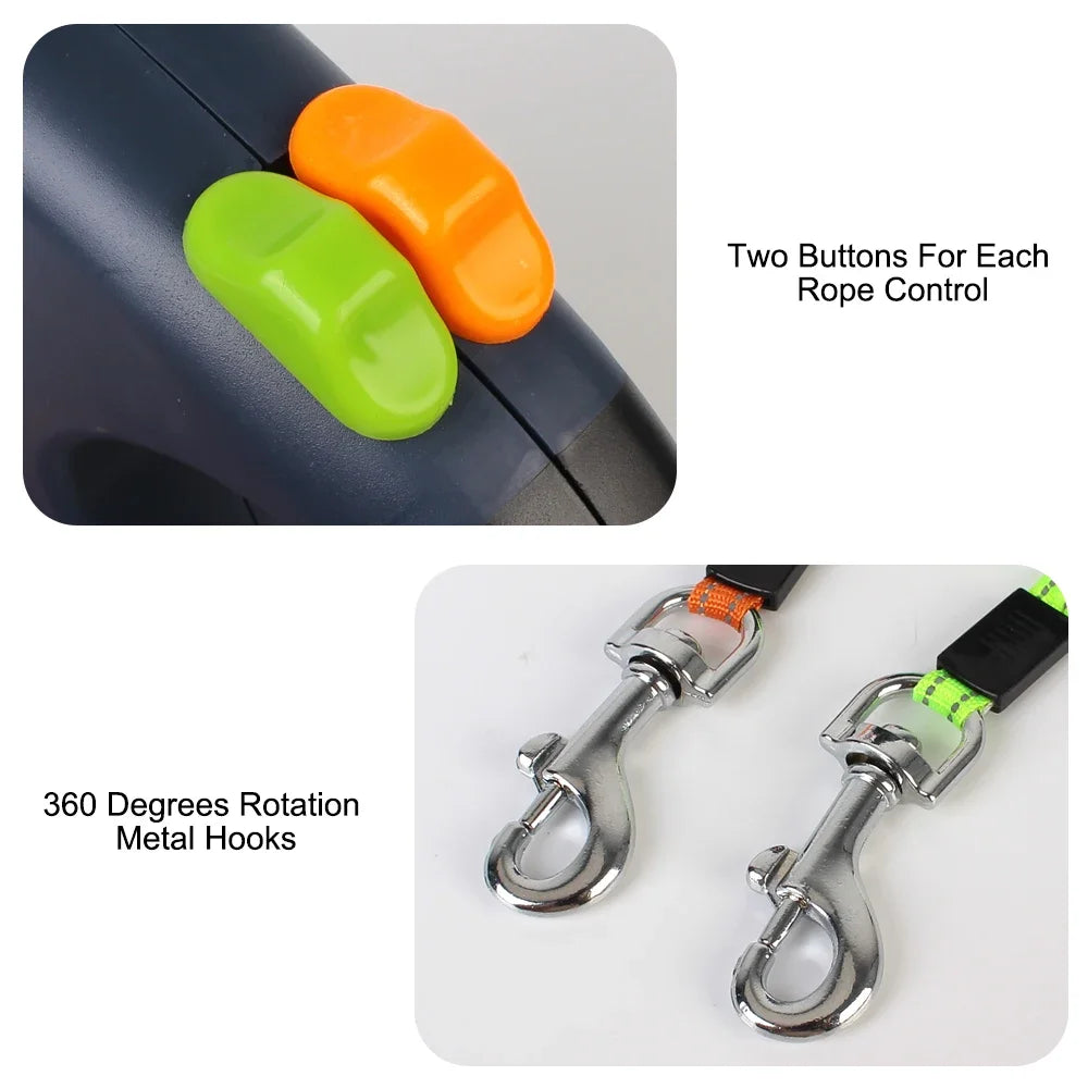 3m Dual Dog Leash With Flashlight Waste Bag Box Double-Ended Traction Rope Dogs Strap Auto Retractable