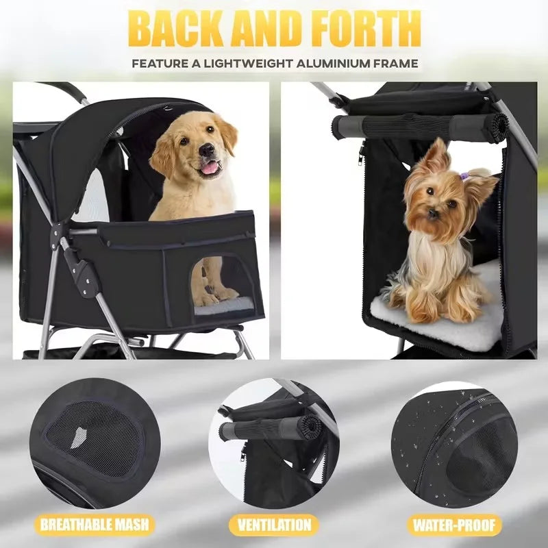 4 Wheel Stroller, Folding Carrier Waterproof Puppy Removable Liner for Small Medium Dogs Cats