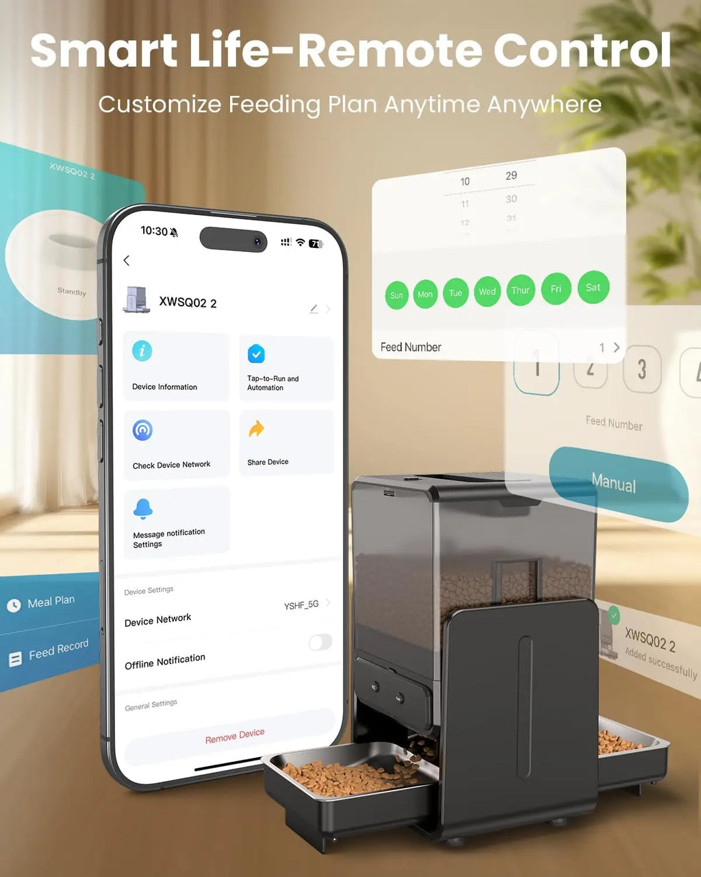 Automatic Cat Feeder with WiFi App Control, Dual Bowls for 2 Cats, Adjustable Height, Voice Record & Timed Dispenser