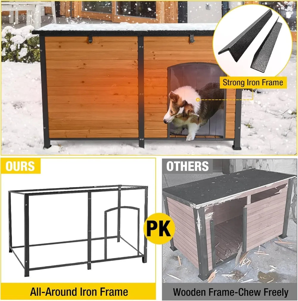 59" Extra Large Heated Dog House Outdoor Insulated Kennel with Heating System & Iron Frame