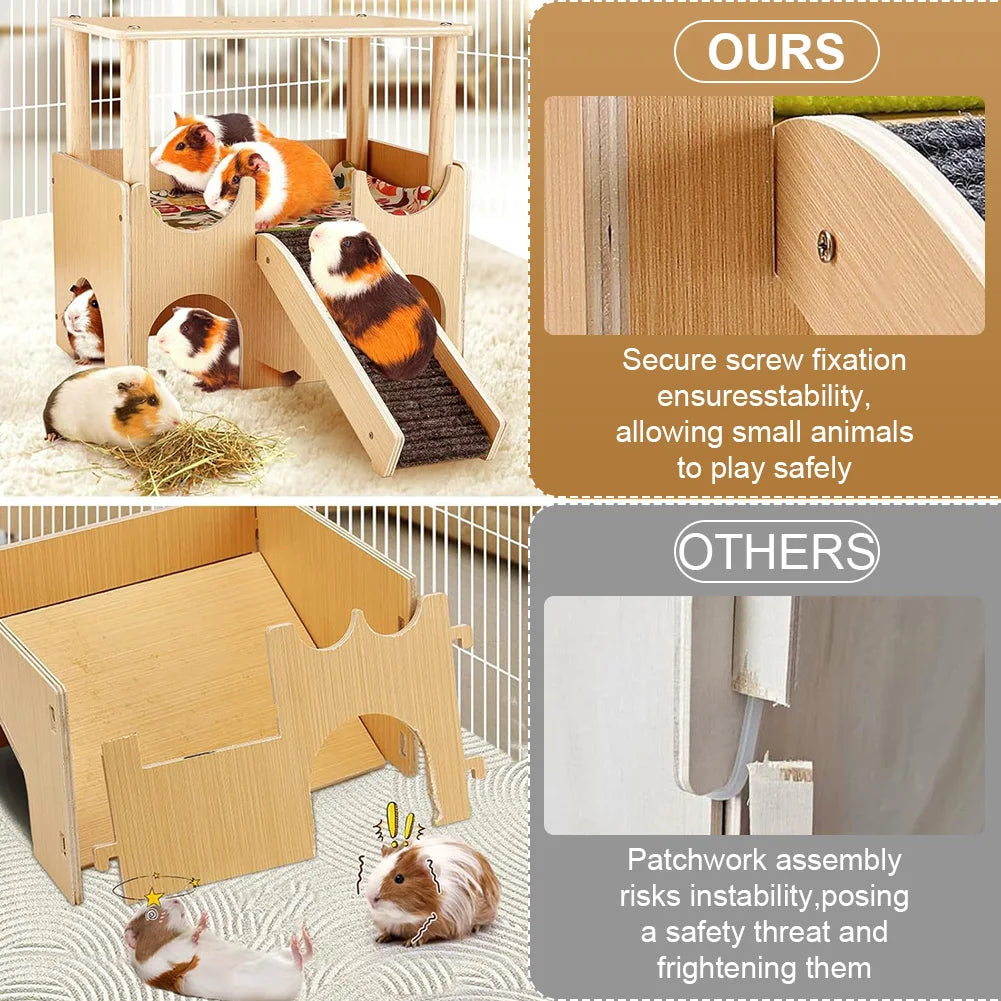2-Tier Guinea Pig Castle Wooden House with Stairs Habitat Hut for Hamsters Bunny Chinchillas
