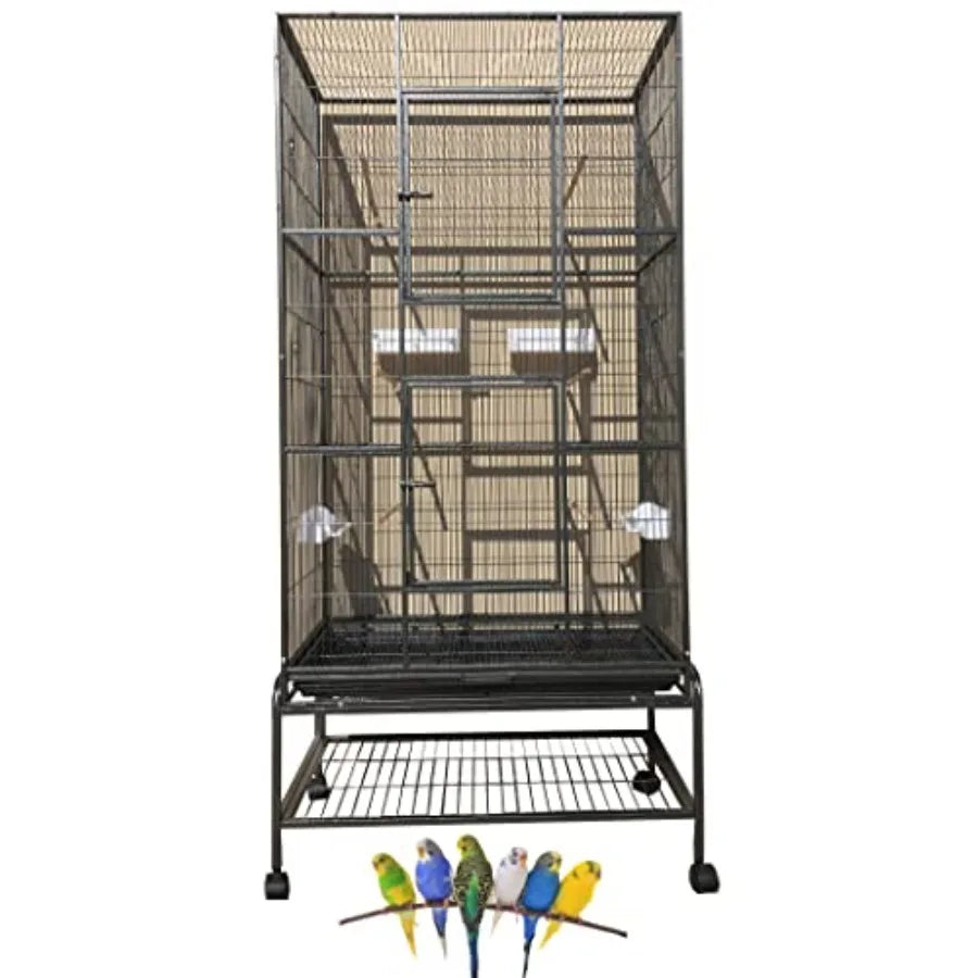 70 Extra Large Bird Parrot Flight Cage with Side Breeding Nest Box Double Feeder Cups Easy Pull-Out Metal Grate Washable Tray