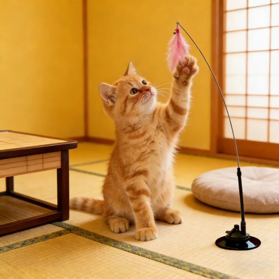 1 PC Interactive Suction Cup Cat Toys, Hands-Free Feather Wand with Bells, Floor-Stick Design Teaser Toys for Indoor Cats