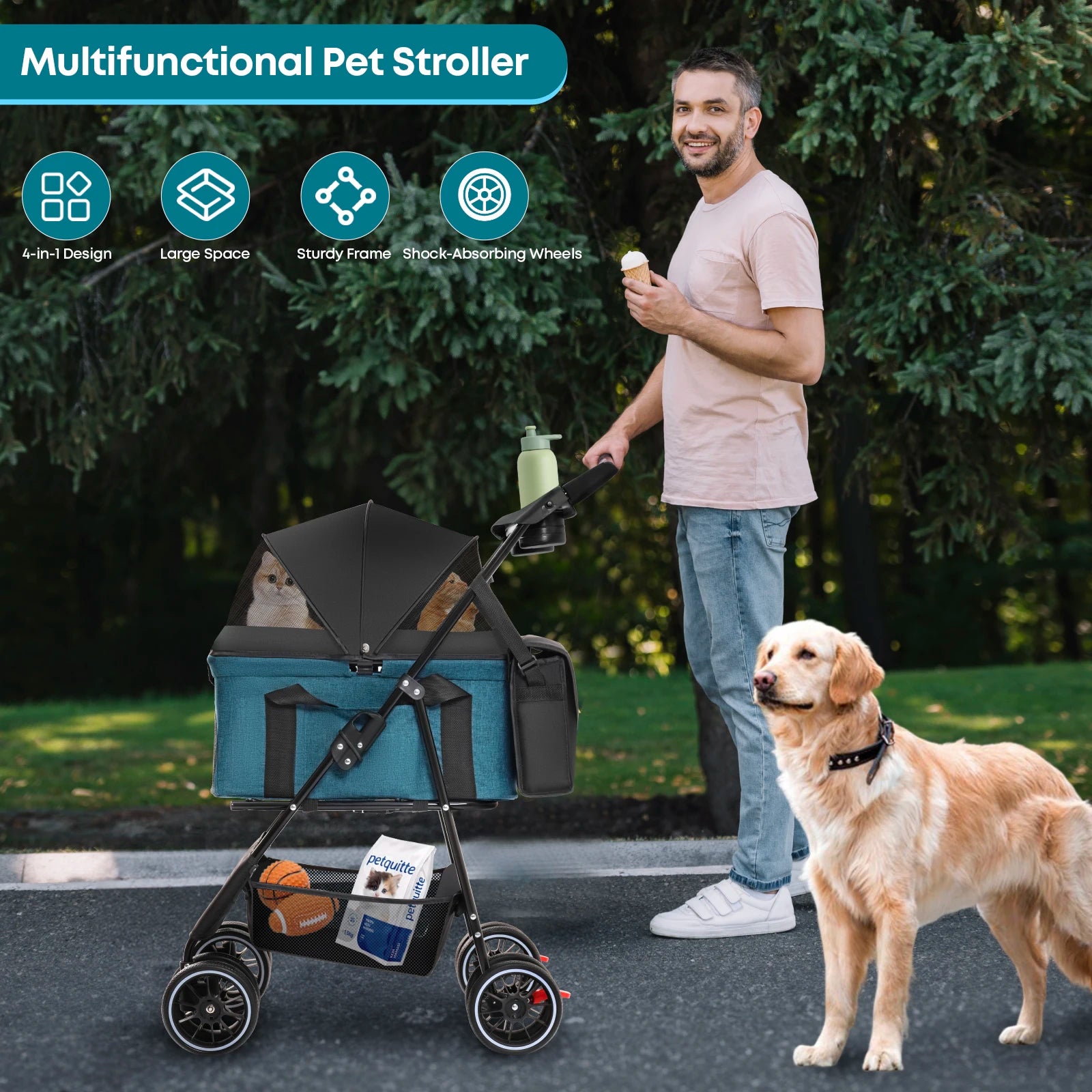 Canopy 4 Wheels Pet Strolling Cart for Small/Medium Dogs and Cats with Removable Carrier