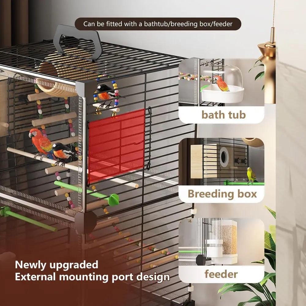 Large Parrot Cage with Acrylic Doors, 3-Tier Movable Birdcage Parakeet Cage w/Wheels, 360° View Spacious Interactive Bird House,