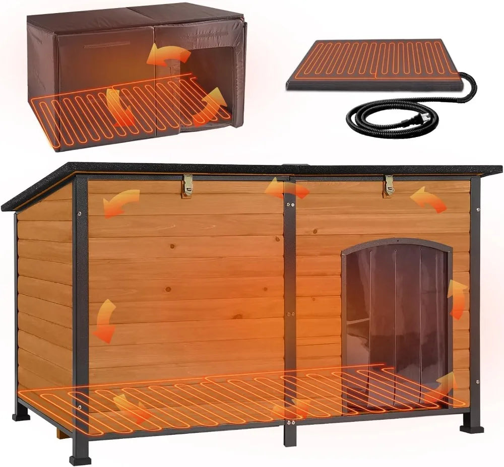 59" Extra Large Heated Dog House Outdoor Insulated Kennel with Heating System & Iron Frame