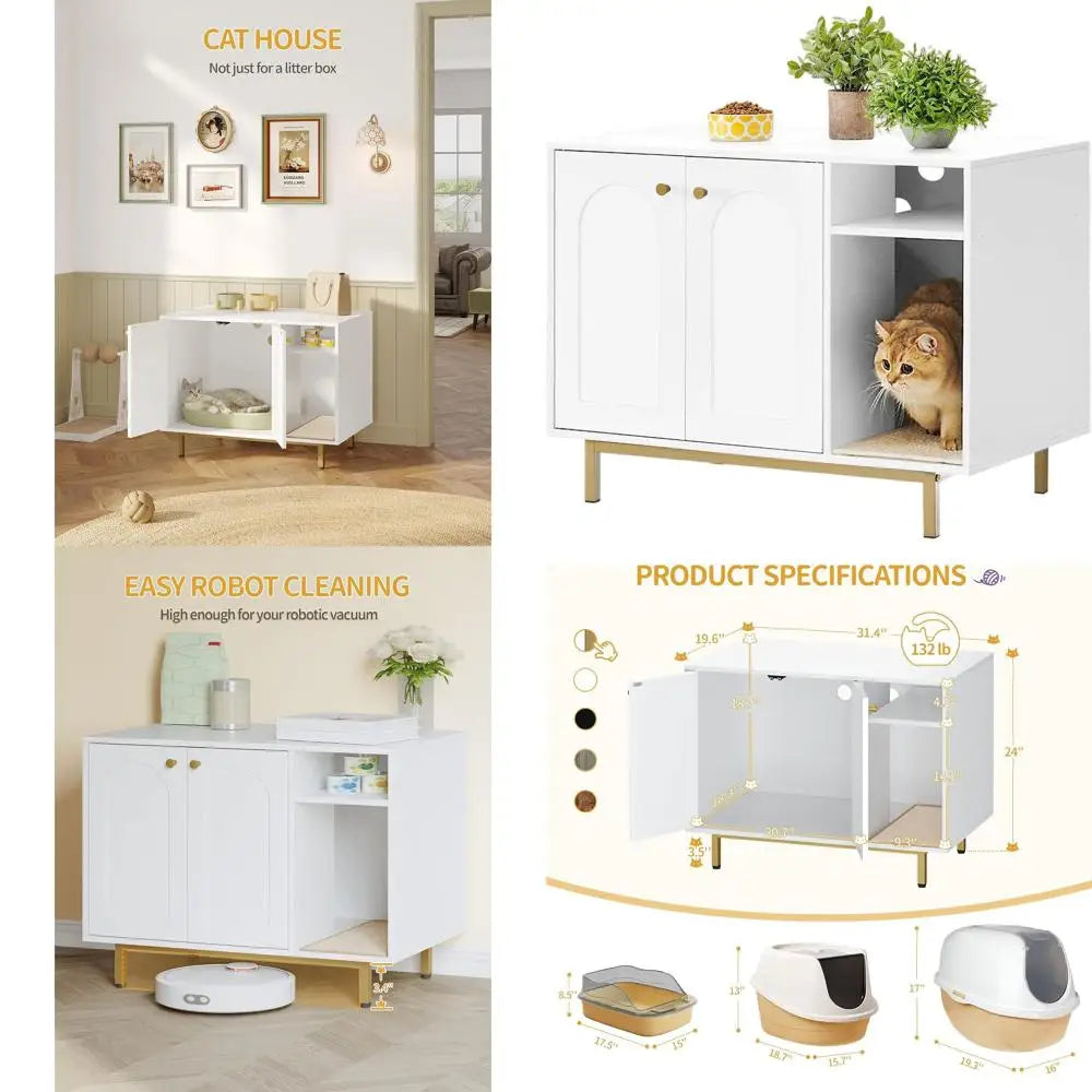 Hidden Cat Litter Box Cabinet with Storage Modern White and Gold Living Room Furniture
