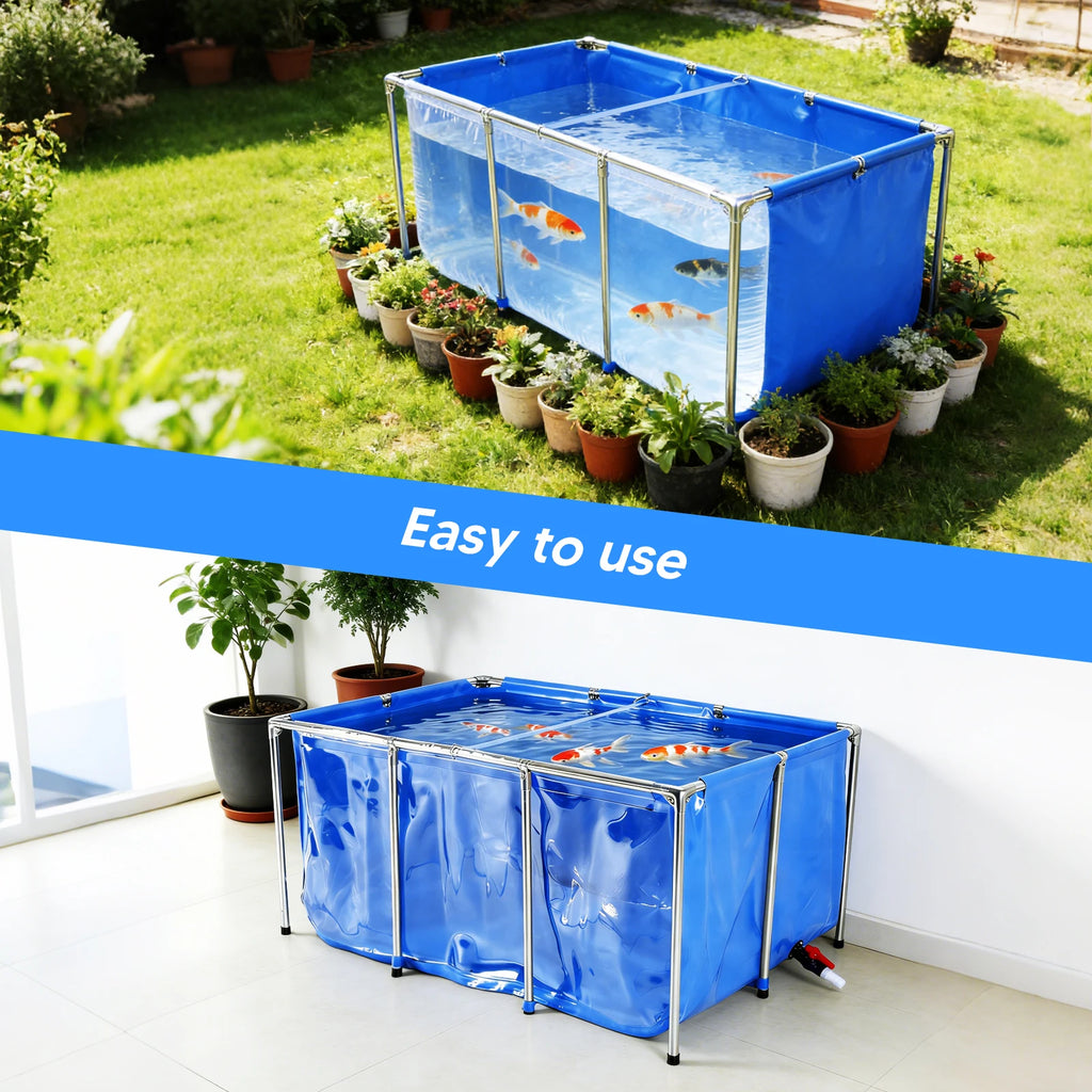 Above Ground Fish Tank with Frame & Drain Valve Transparent Fish Pond Clear Viewing Panel for Ornamental Fish & Outdoor Use