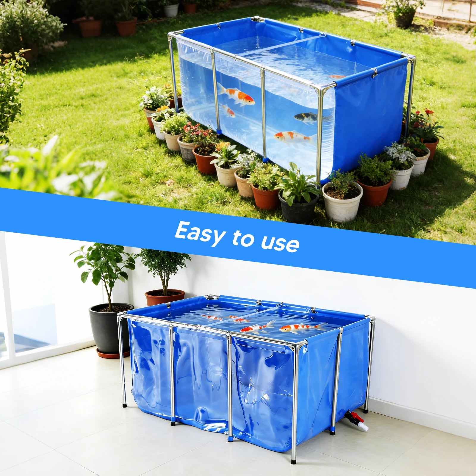 Above Ground Fish Tank with Frame & Drain Valve Transparent Fish Pond Clear Viewing Panel for Ornamental Fish & Outdoor Use