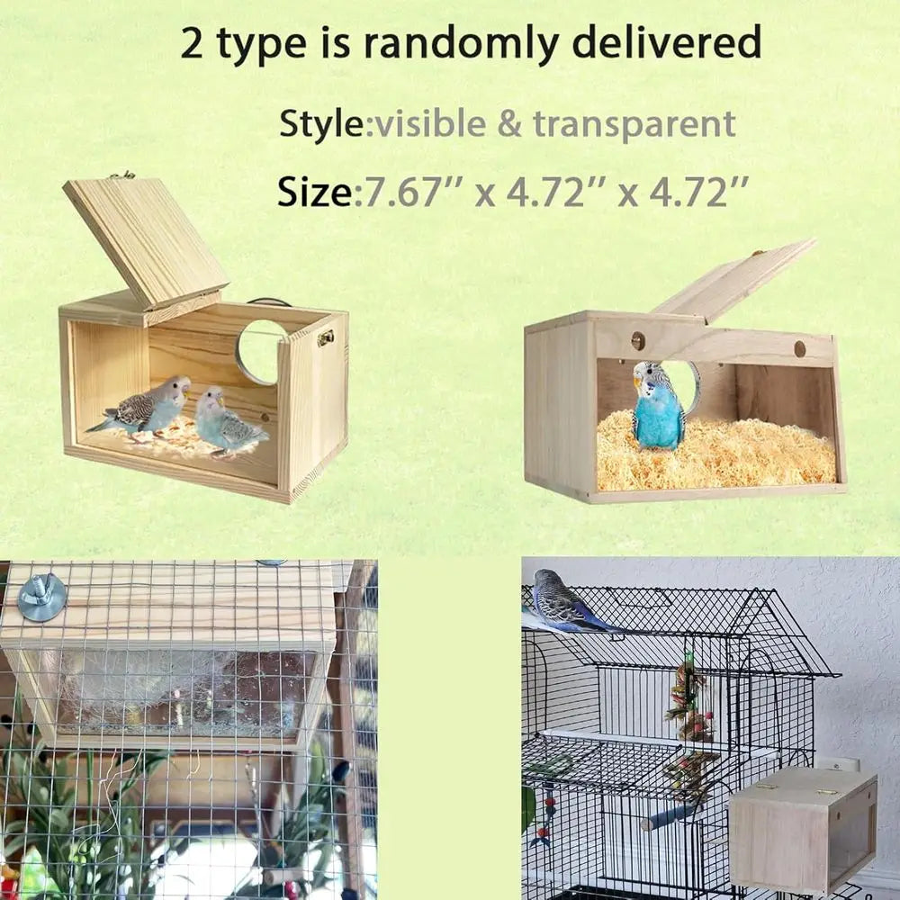 Transparent Parakeet Nesting Box, Wooden Parrot Nest Breeding Box with Perch Natural Bird House