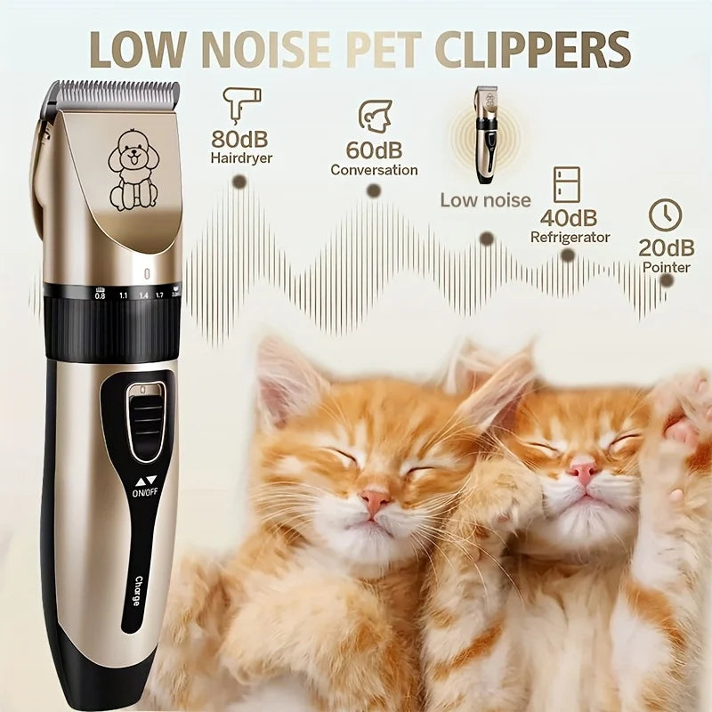 Low-noise professional USB rechargeable pet grooming tool set, equipped with thickened ceramic blades and 4 different blade head