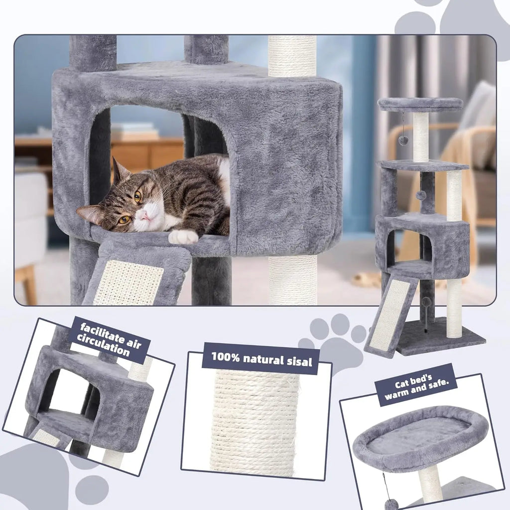 45in Multi-Level Cat Tree Tower with Scratching Post, Board, and Toys for Small Spaces, Grey