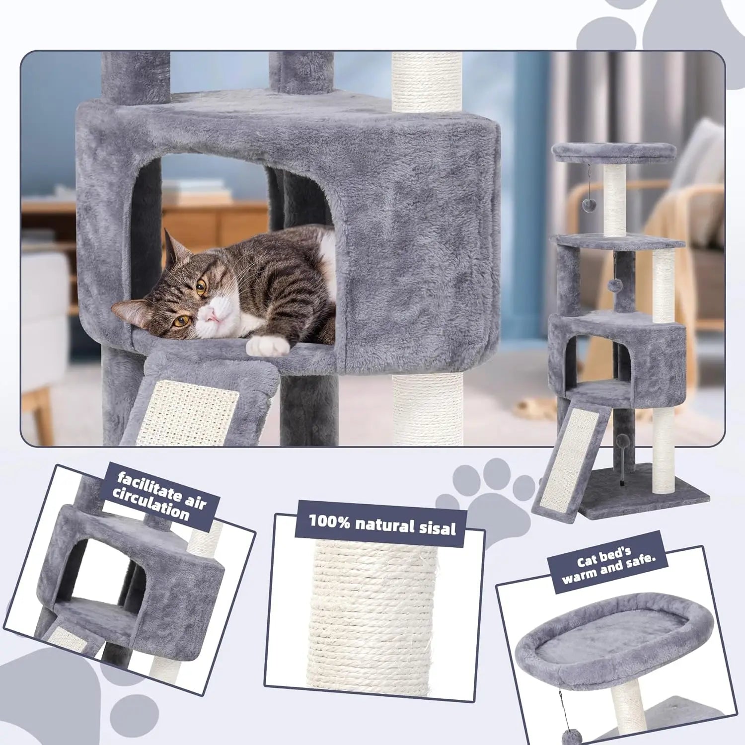 45in Multi-Level Cat Tree Tower with Scratching Post, Board, and Toys for Small Spaces, Grey