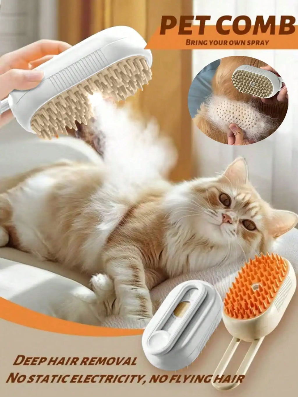 3-In-1 Pet Steam Brush - Steam Mist Grooming Tool, Removes Flying Hair for Cats, Comb & Dehairing 2-In-1