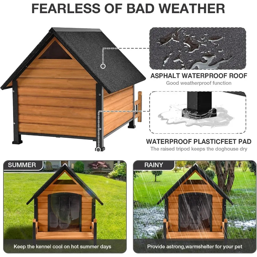 Heated Dog House Outdoor with Heating Pad Weatherproof Large Dog Kennel with Anti-Chewing Iron Frame