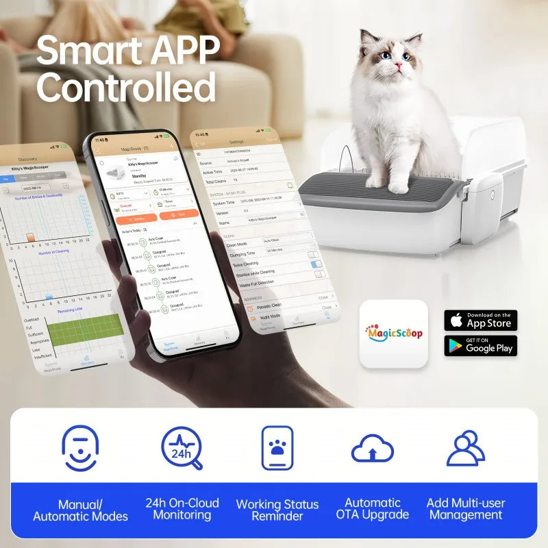 Self Cleaning Automatic Cat Litter Box Robot Open Top Large Capacity App Control Anti Pinch Odor Free