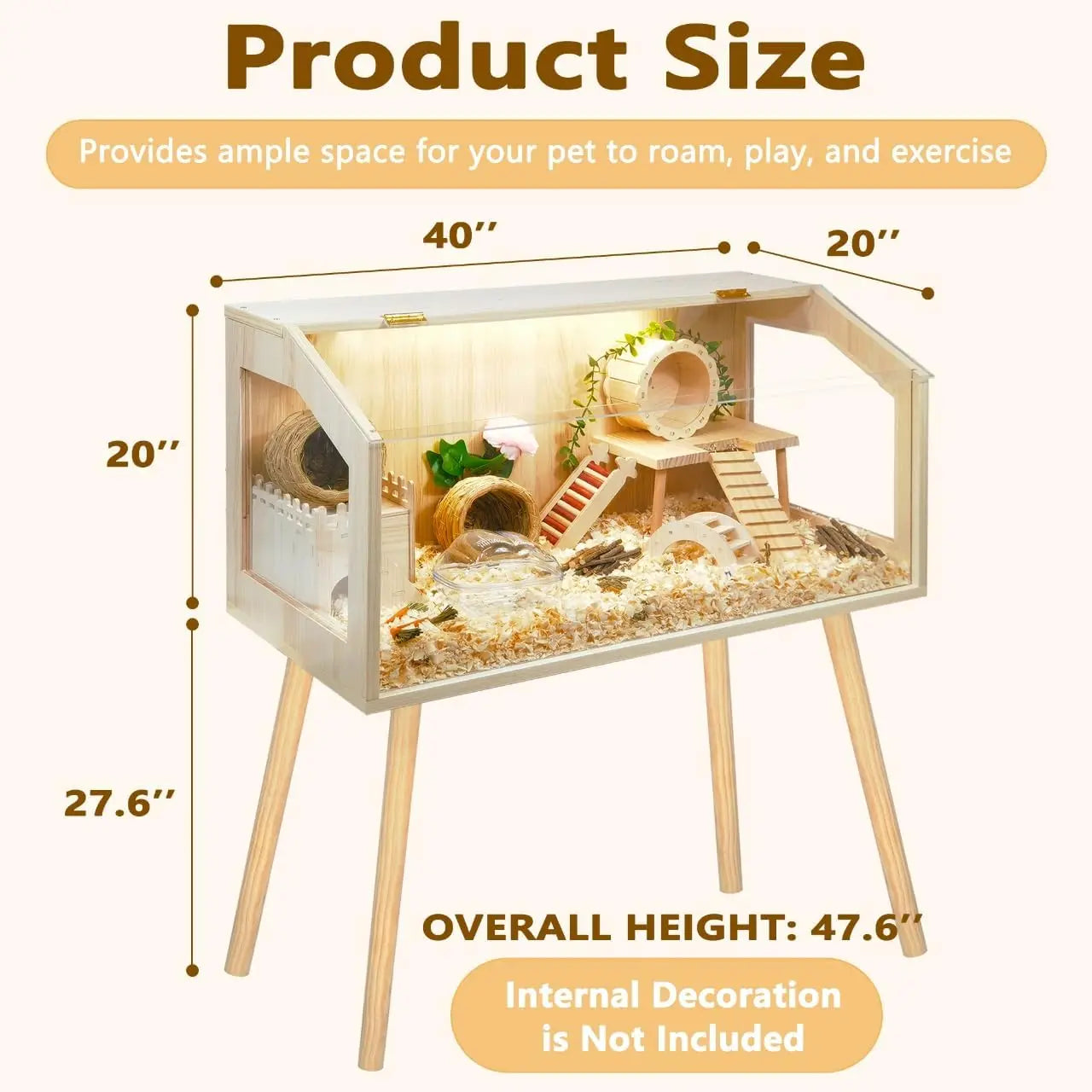 Spacious Hamster Cage with Legs, Chew-Proof Wooden Habitat, 40" L x 20" W x 47.6" H