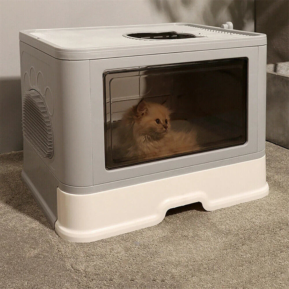Large Hooded Cat Litter Box Tray Drawer Top Entry Anti-Splashing Enclosed Potty with Scoop